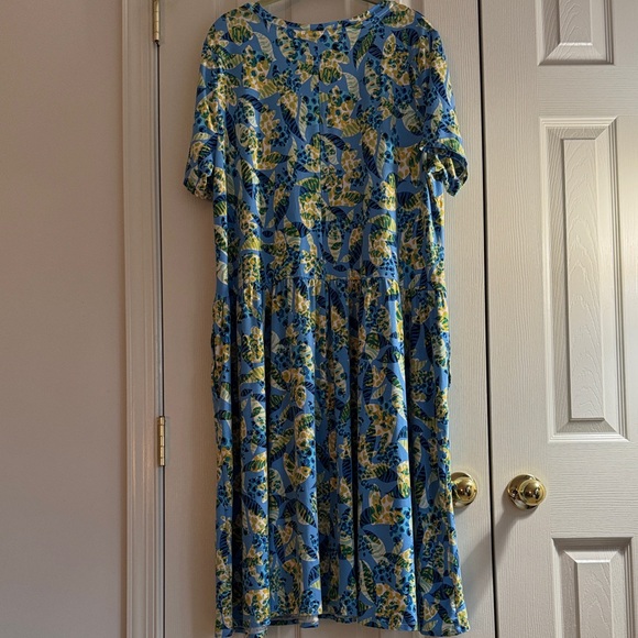 LOGO by Lori Goldstein Blue Green Floral Midi Dress Size M – Boho Travel Stretch - Picture 2 of 6